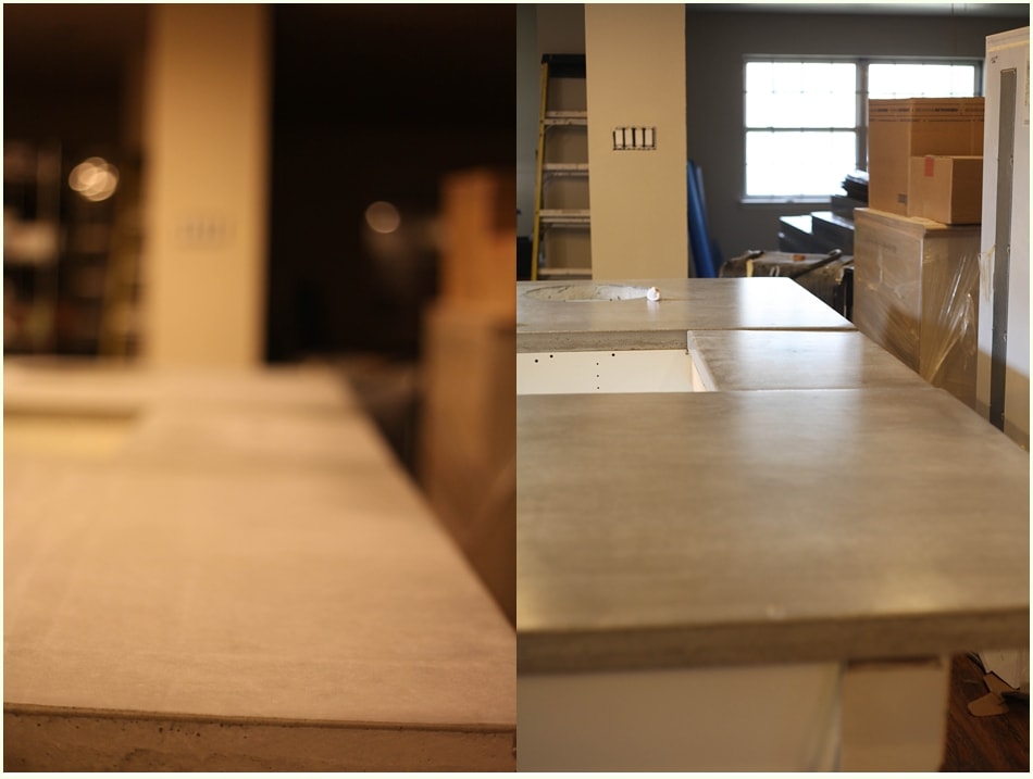 A before and after picture of concrete countertops. The before is dull, and after is brighter and has a sheen to it. 