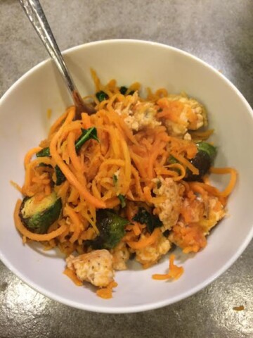 Spiralized Sweet Potato with Roasted Brussels Sprouts & Sausage