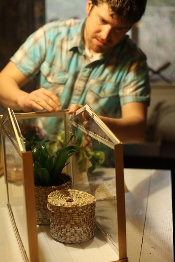 A man puts together a newly painted indoor terrarium