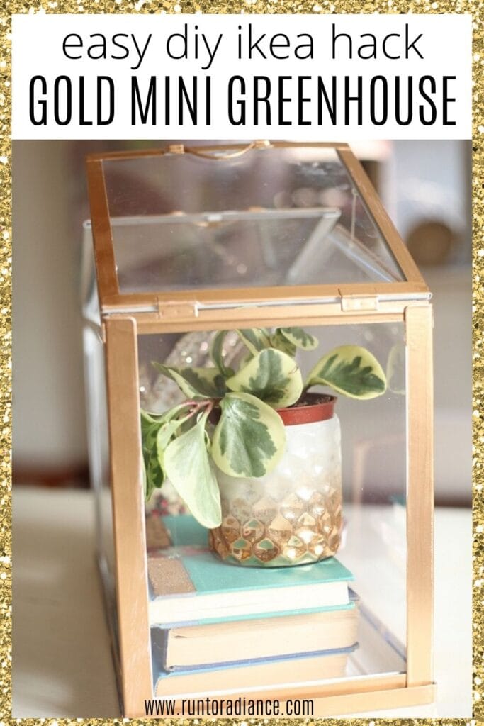Pinterest image for easy DIY IKEA hack for a Gold Mini Greenhouse