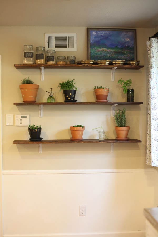 Three wall shelves filled with fresh herbs in a kitchen. 