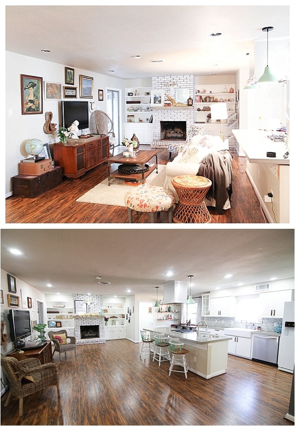 The living room before it was staged to sell in the picture on top and after it was staged in the picture on the bottom