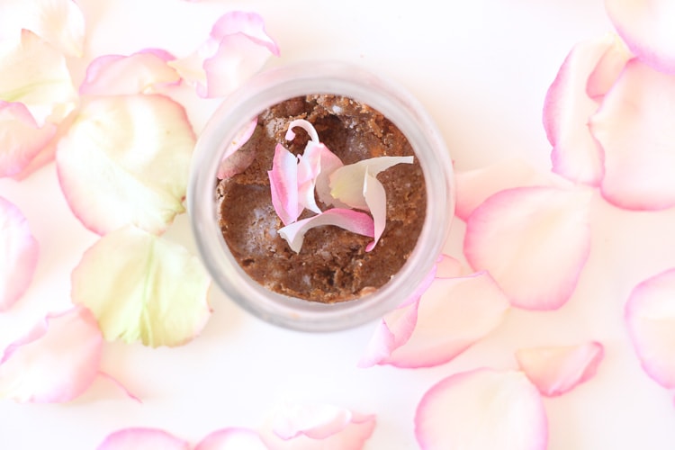 celebrate mother's' day at home by making a diy sugar scrub with fresh rose petals in a glass jar