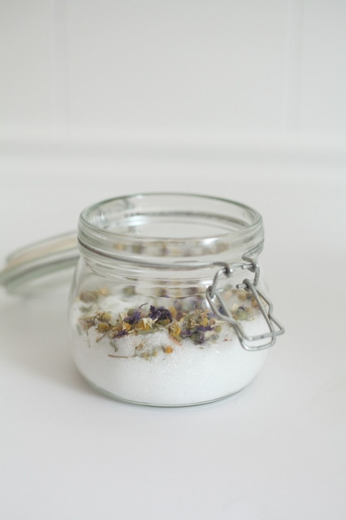 lavender bath salts in a glass jar