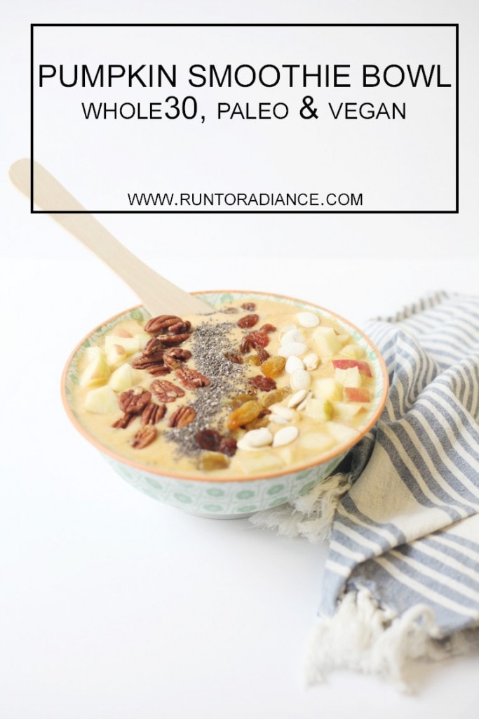 This pumpkin smoothie bowl recipe looks amazing! Toppings include chia seed, diced apple, pecans, golden raisins and pumpkin seed! Vegan and healthy- my new favorite breakfast!