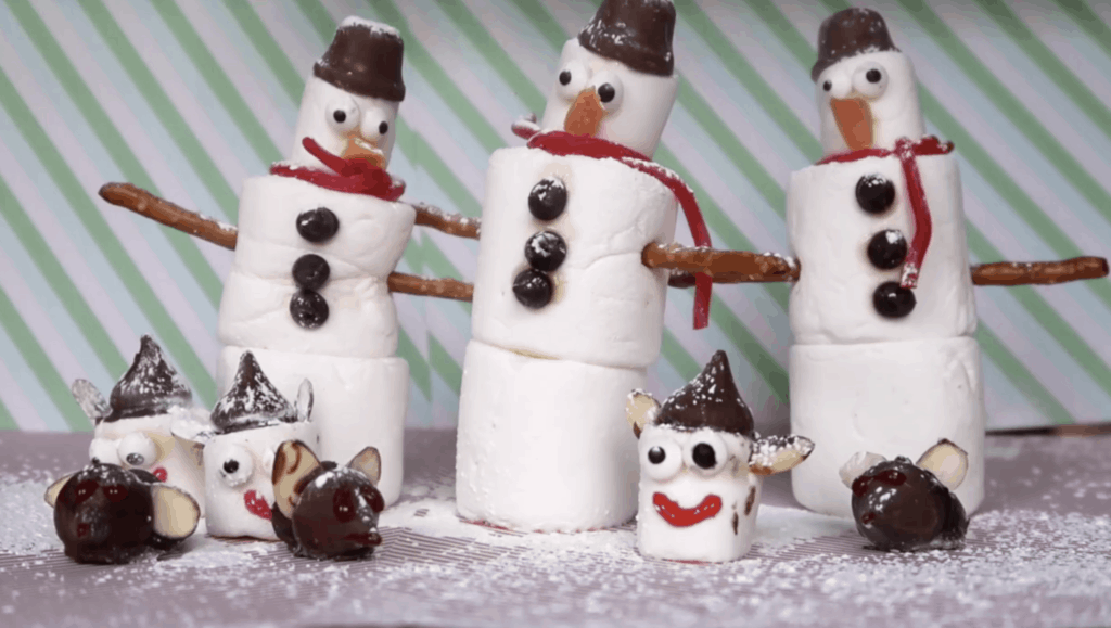 3 kids christmas treats - chocolate mice, marshmallow elves and marshmallow snowmen.