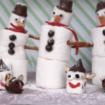 3 kids christmas treats - chocolate mice, marshmallow elves and marshmallow snowmen.