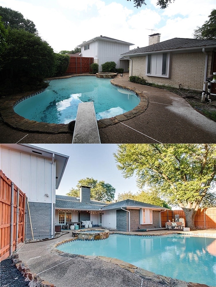 House remodel on a budget! These before and after pictures are amazing and full of DIY ideas. Beautiful pool and deck remodel!