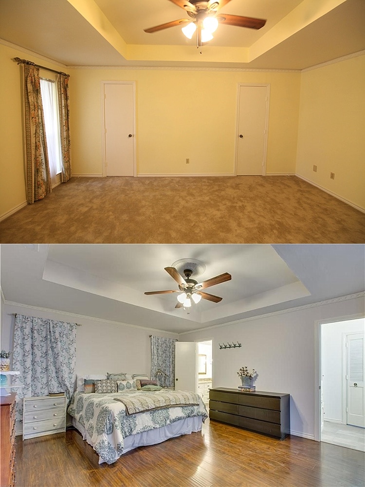 House remodel on a budget! These before and after pictures are amazing and full of DIY ideas. Love this master bedroom makeover!
