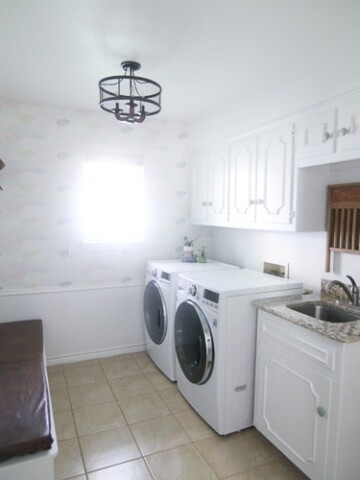 clean, white laundry room on a budget