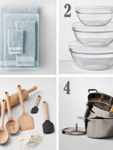 collage of items from made by design at target - towels, bowls, utensils and pot