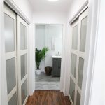 hallway looking into bathroom with potted plant and closet doors
