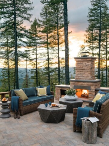 Outdoor fireplace in woods