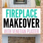 Brick fireplace makeover with venetian plaster and blue patterned tile, with a floating wood mantle.
