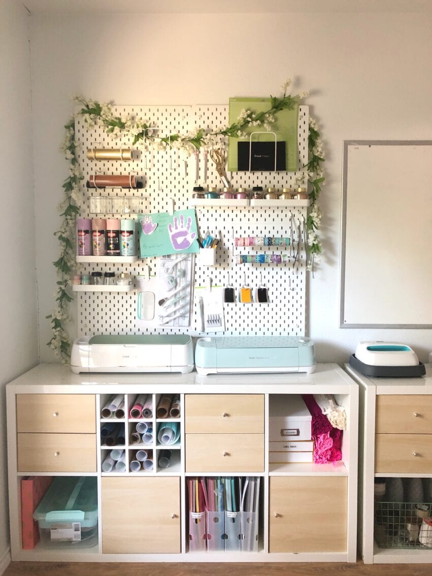 Ikea Kallax in a craft room with ikea peg board.