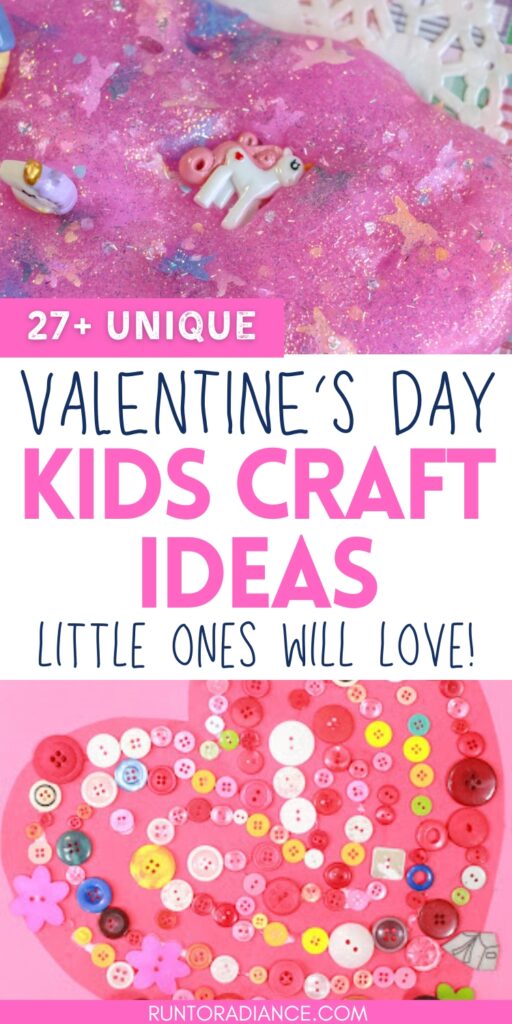 Valentine's Day Kids Craft Ideas featuring pink slime and a heart with buttons glued on. 