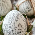 book pages cut up and mod podged to eggs