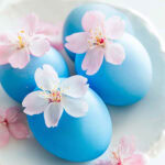dyed eggs with cherry blossom blooms glued on