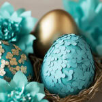 paper flowers covering teal colored eggs