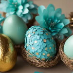 turquoise painted eggs with paper flowers