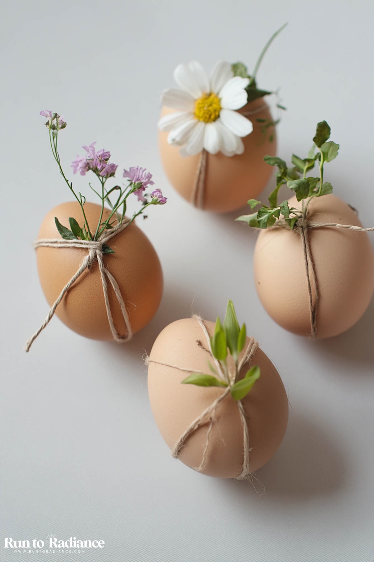 natural eggs with florals tied on with twine
