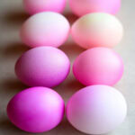 hard boiled eggs dyed in shades of pink