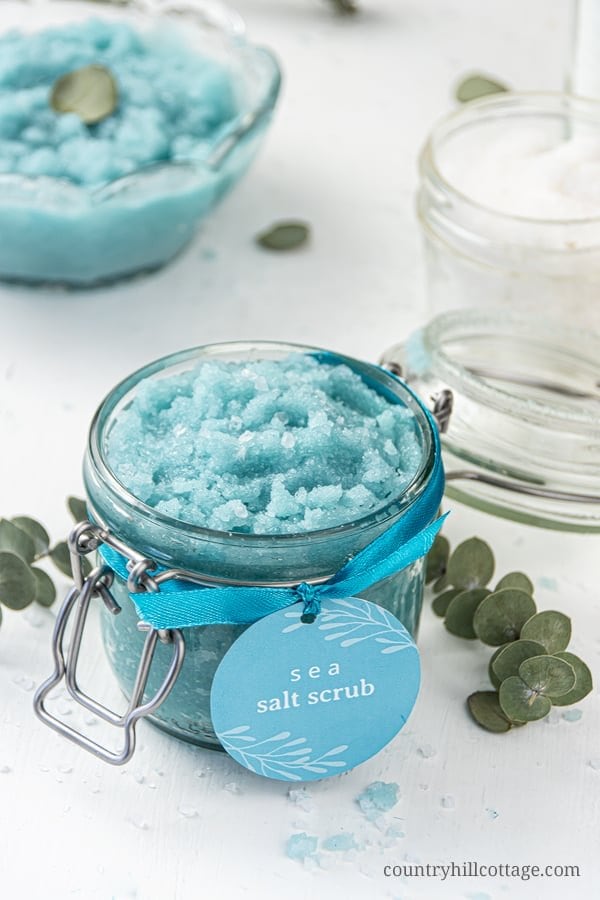 Blue sea salt scrub in a jar