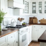 white gas stove in a cozy cottage style kitchen