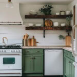 rustic kitchen with white dishwasher and stove