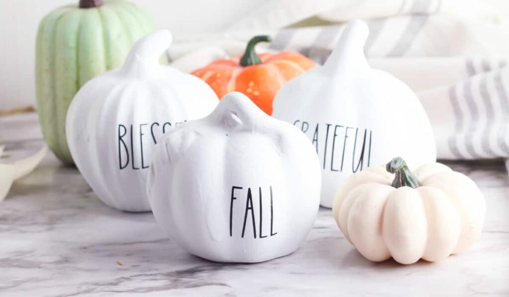 Pumpkins painted white and with the words blessed, fall, and grateful