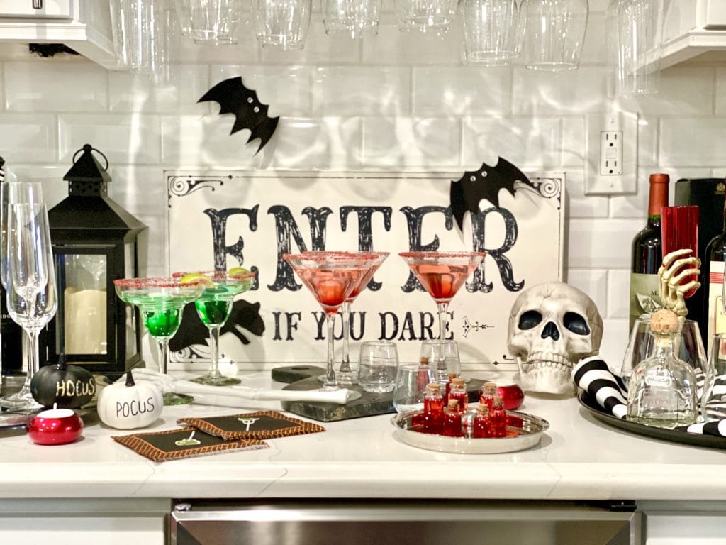 Halloween styled bar top for an adult dinner party.