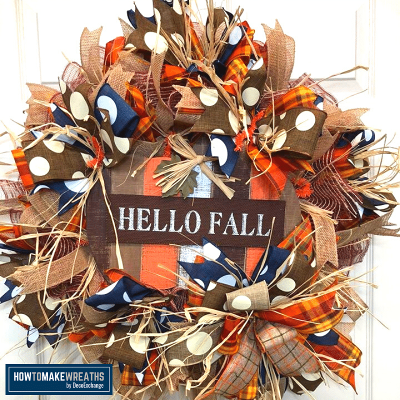 DIY hello fall Thanksgiving wreath with patterned ribbon 