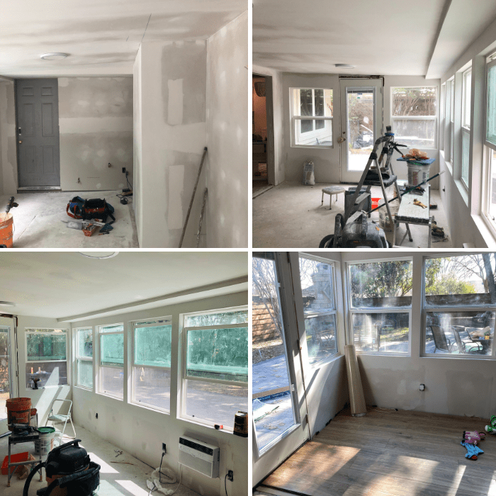 Different angels of a sunroom to show the different stages of completed drywall.