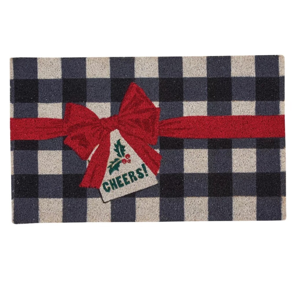 Blue and white checked door mat with a red bow that reads Cheers!