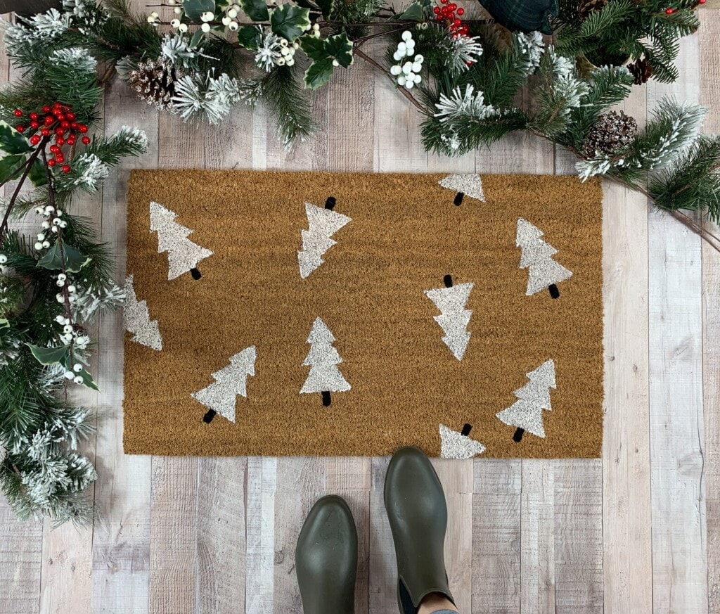 coir door mat with painted white stamped trees