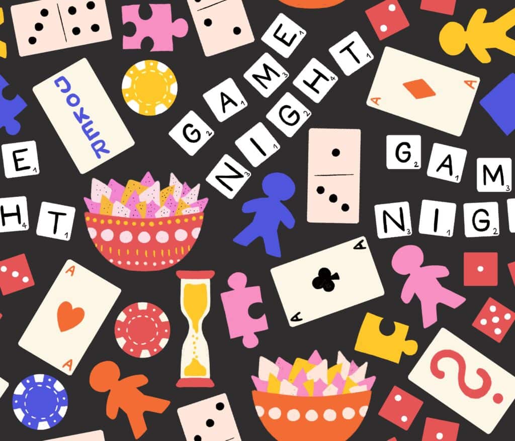 Game night seamless pattern. Board games repeating background. Hand drawn illustration of poker chips, play cards, dice, puzzle pieces. Use for kids decor, fabric, wrapping, toy store
