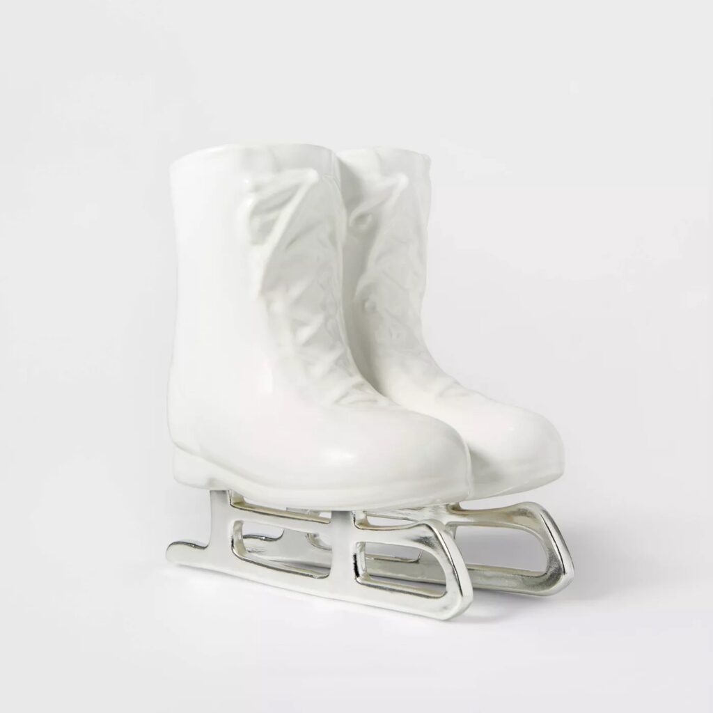 white ceramic ice skates for indoor holiday decor