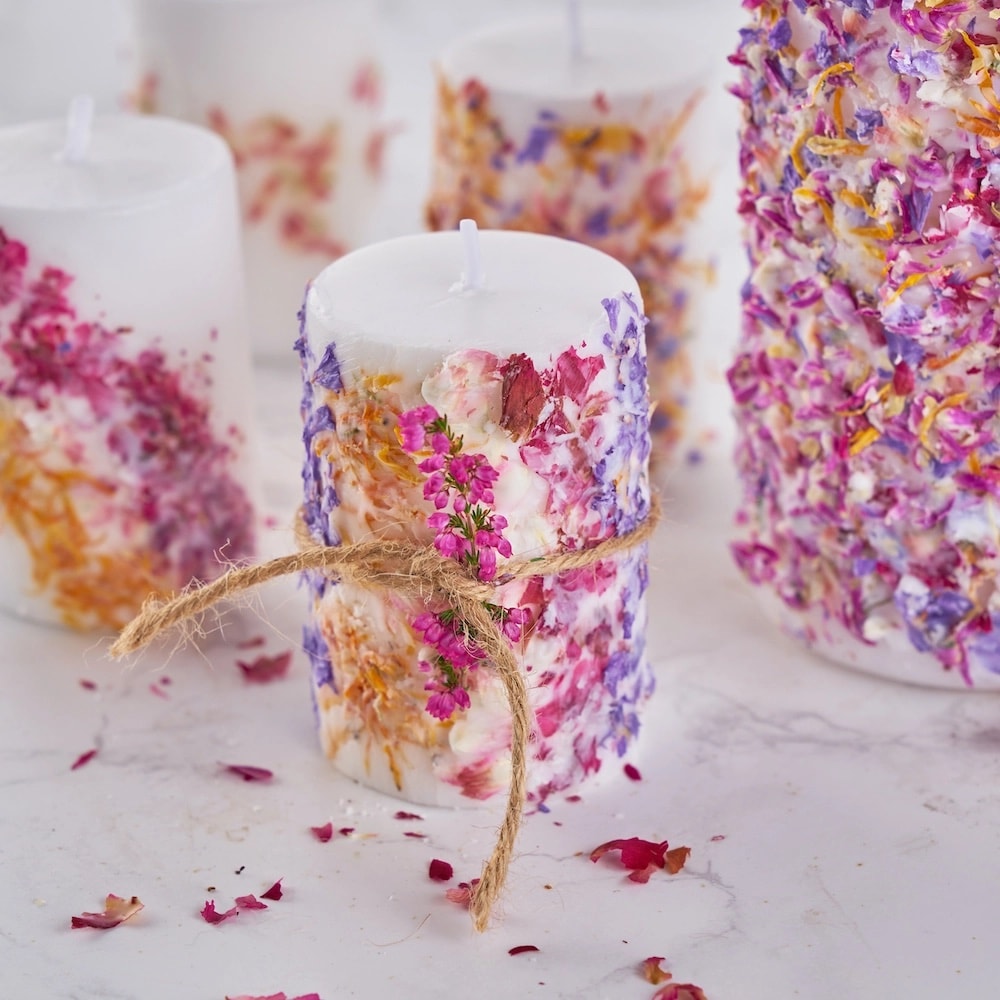 pressed flower candles make great DIY Galentine's Day gifts