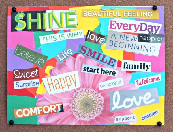 Colorful completed vision board with inspirational words and photos.