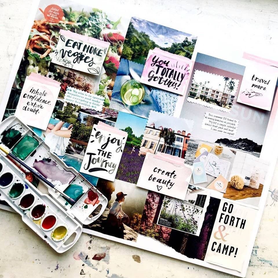 Vision board with photos and words and decorated with watercolors. 