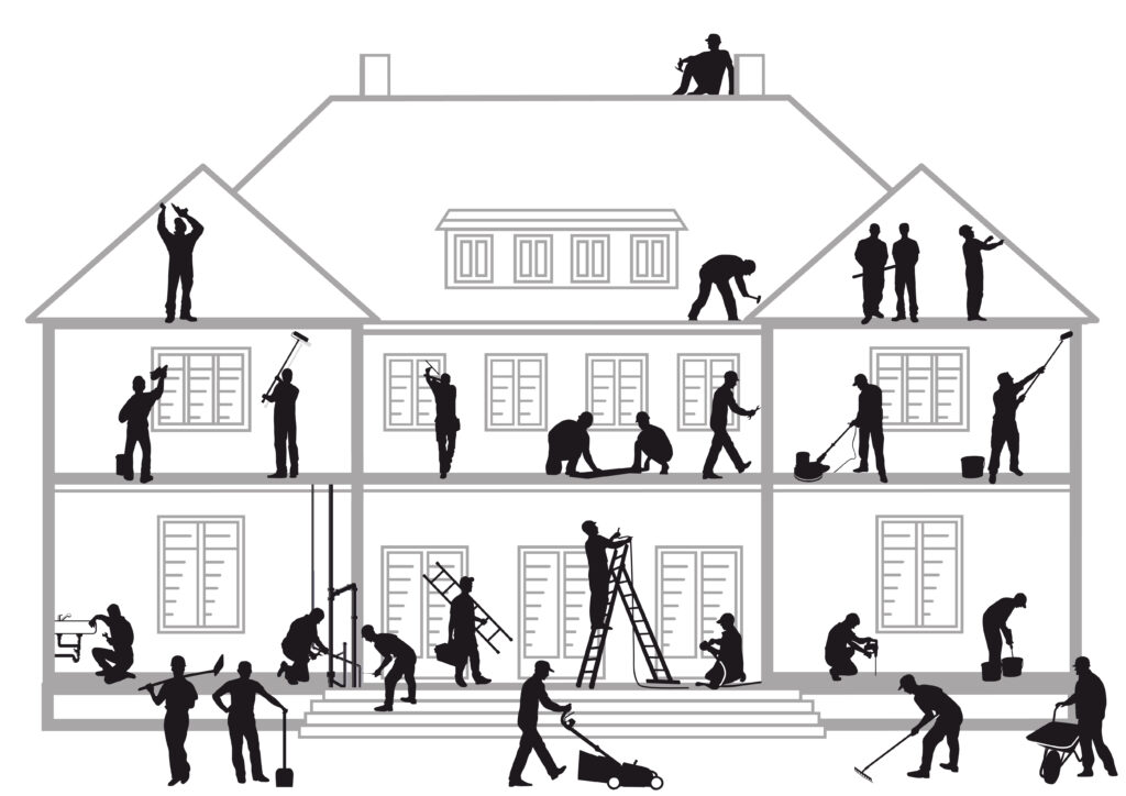 Rendering of a home with images of people working in each room. 