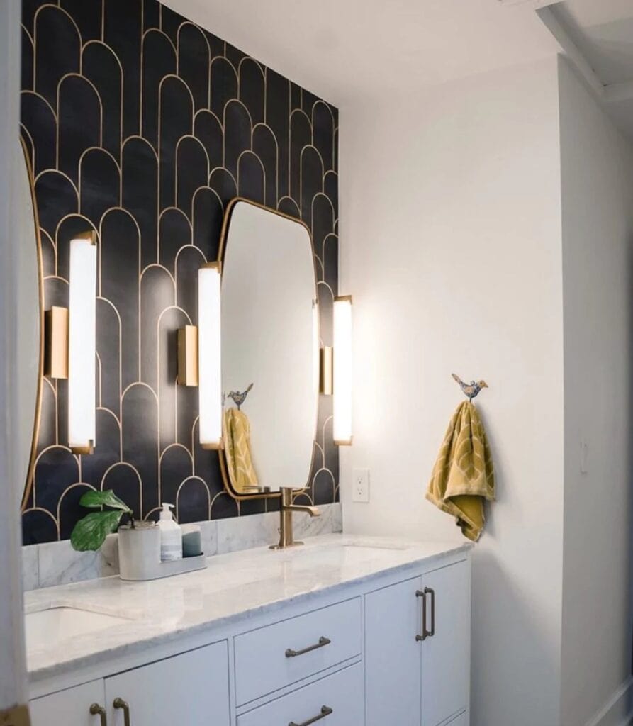 modern black and gold peel and stick wallpaper in a bathroom