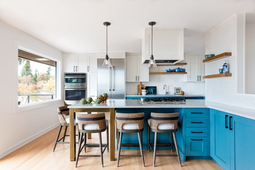 mid century modern style kitchen with turquoise lower paint