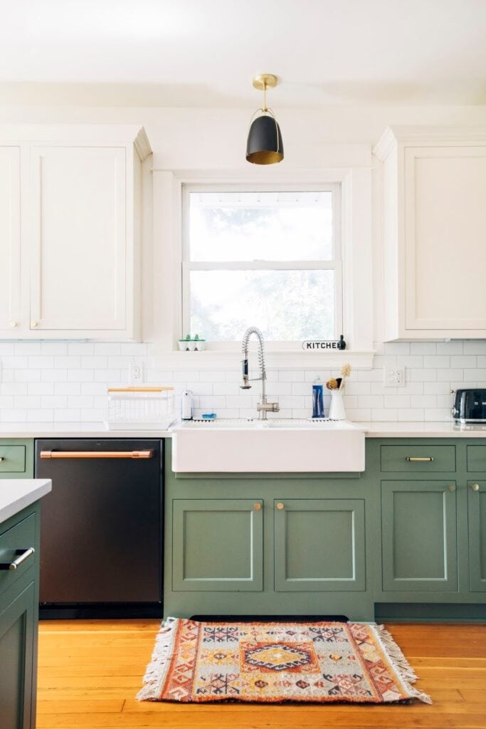 sage green lower kitchen cabinets in a casual kitchen