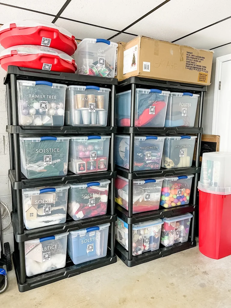 Using clear plastic bins on shelves to create an organized garage space