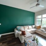 Green wall in living room with couch and pillows