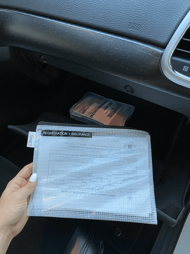 car registration papers inside of a mesh zipper pouch
