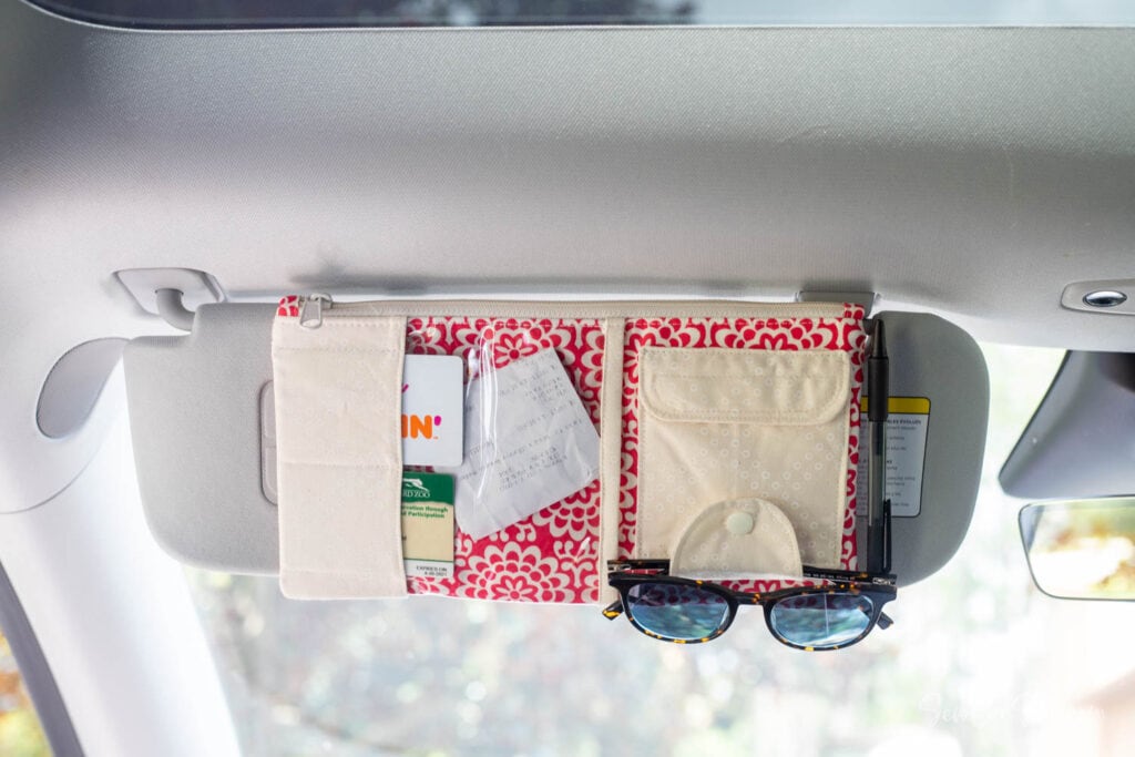 DIY car visor zipper pouch with sunglasses and cards inside