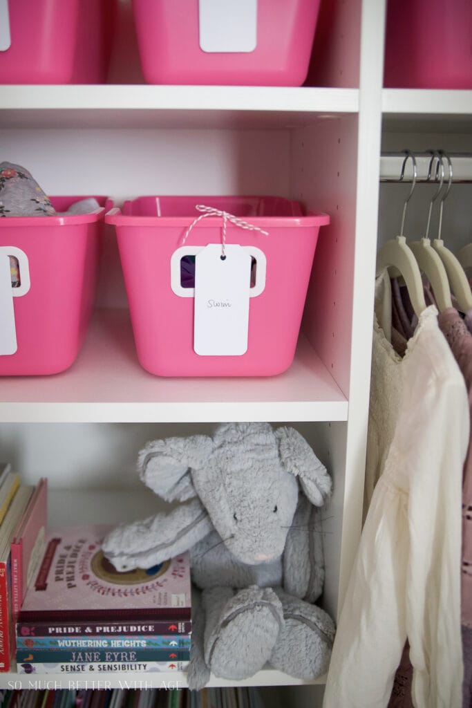 DIY labels on pink bins