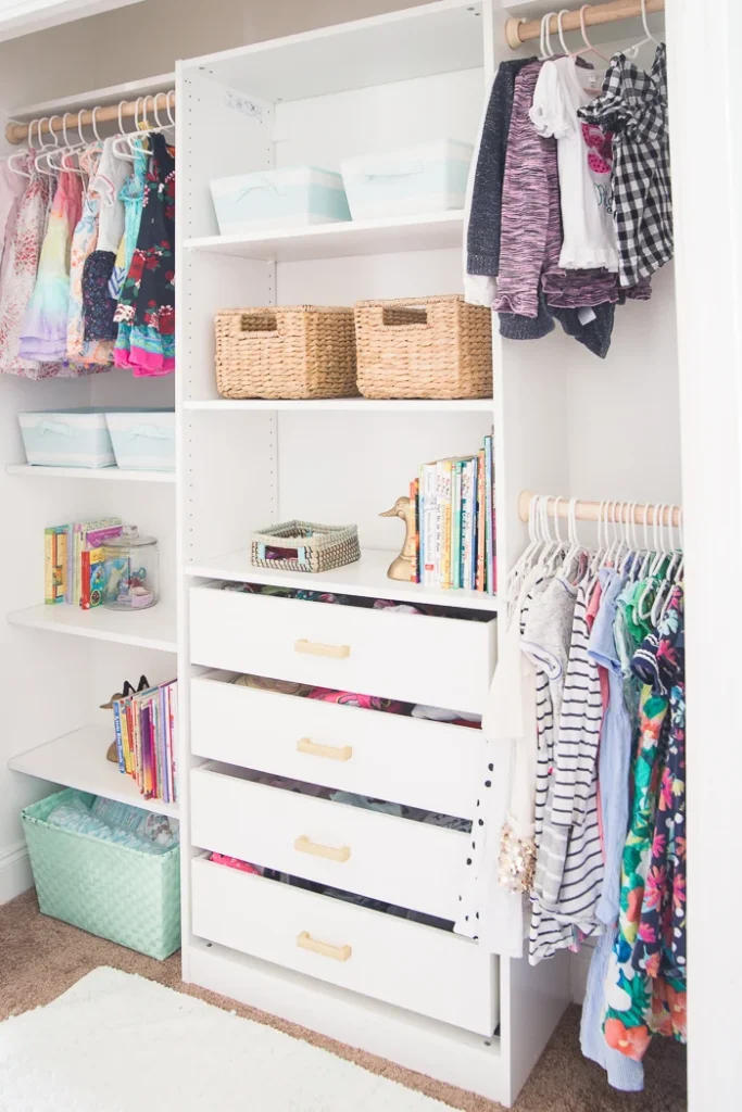 how to organize a kid's closet with built in organization system 